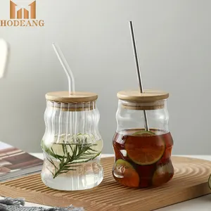 Cốc Uống Nước Thủy Tinh Sọc Dọc Borosilicate Cao Có Thể Tái Sử Dụng 500Ml Có Nắp Và Ống Hút Bằng Tre