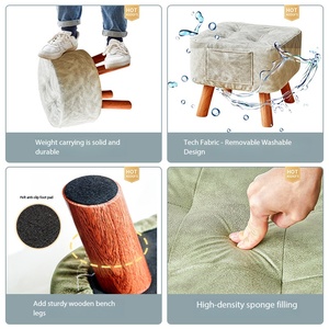 Pouf rond capitonné en tissu, repose-pieds moelleux avec pieds en bois massif pour salon, chambre, entrée, couloir - Product Image 5