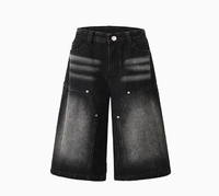 Shorts Bermuda Homme Personnalisés Noir Délavé Style Charpentier avec Détails Patchwork et Rivets, Coupe Ample et Large, Streetwear, Vente en Gros