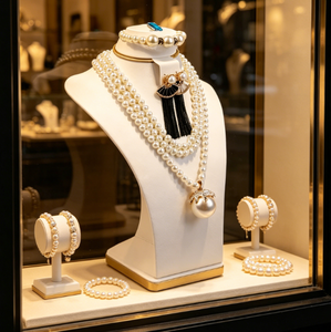 Présentoir à bijoux en cuir PU blanc, buste de mannequin en bois élégant pour colliers, bracelets, bagues et boucles d'oreilles - Product Image 5