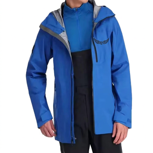 Veste imperméable à capuche bleue pour homme avec logo brodé sur le devant, vêtement d'extérieur sportif d'hiver, fermeture éclair longue - Product Image 1