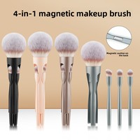 Nouvel ensemble de pinceaux de maquillage pour le visage 4-en-1, format voyage pratique, à fixation magnétique, en fibres synthétiques, avec manche en plastique, pour poudre libre
