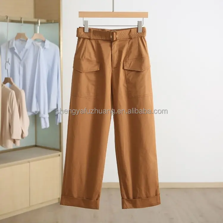 2022 summer wide leg trousers straight cotton linen fashion all-match blue casual pants women's clothing