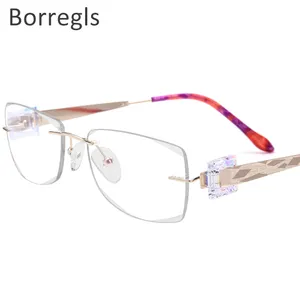 Borreglsワイヤーチタンリムレスグラス女性超軽量高級ダイヤモンドカット光学処方眼鏡フレーム718
