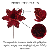 Fleurs de Noël artificielles pas chères 2025, fleurs en velours à paillettes, poinsettia bordeaux, tige de poinsettia rouge pour guirlande de sapin de Noël
