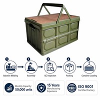 Boîte de rangement pliable pour le camping, empilable, portable, avec couvercle en bois, bac organisateur en PP, pour pique-nique, maison, extérieur