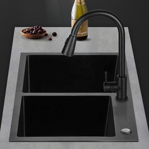 Évier de cuisine double fait main en acier inoxydable noir, moderne, carré, Aquacubic Cupc, avec robinet en laiton brossé doré de 8 pouces - Product Image 5