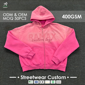 400GSM Vintage Gradient Zip Up Hoodie Men Distressed Frayed Cropped Hooded Custom Print Logo OEM ODM Streetwear Sweatshirt - Product Image 1