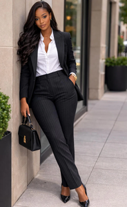 Black Pinstripe Women Suit <b>Set</b> Tailored Blazer and Pants Elegant Business <b>Office</b> Pantsuit Sophisticated Formal Workwear - Product Image 2