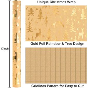 Kraft Christmas <b>Wrapping</b> <b>Paper</b> Roll 17 In X 33 Ft Gold Foil Reindeer Tree Design Recyclable Gift Craft Packaging - Product Image 3