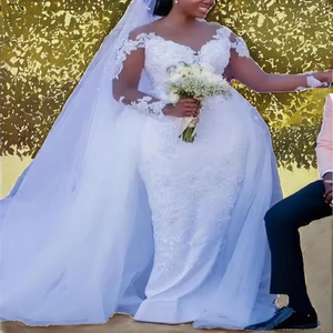 فساتين زفاف مخصصة بمقاسات كبيرة مع ذيل قابل للفصل، مزينة باللؤلؤ والدانتيل المطرز، فساتين عروس ريفية مع طرحة مجانية - Product Image 2