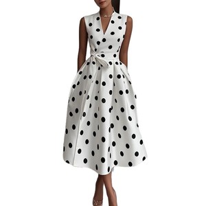 Abito Midi Senza Maniche con Stampa a <span class=keywords><strong>Pois</strong></span> e Scollo a V, Elegante <span class=keywords><strong>Vestito</strong></span> Formale da Ufficio con Cintura in Vita per Donna - Product Image 2