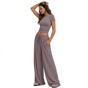 Women Gray <b>Short</b> Sleeve O-Neck T-Shirt With Drawstring Pants <b>Set</b> Solid Color Breathable Casual Wear All Seasons - Product Image 5
