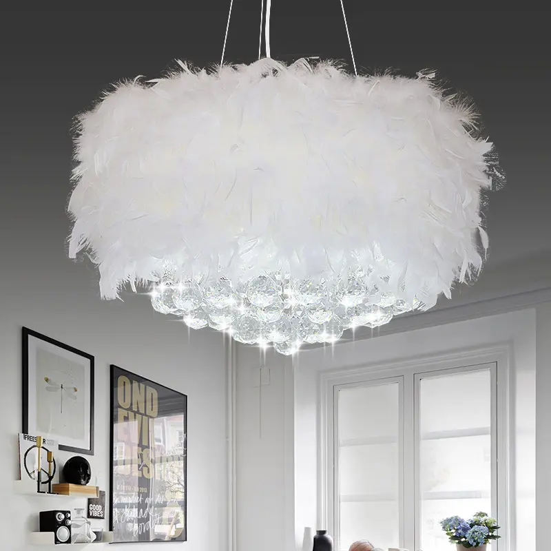 D19.7 Inch Modern Goose Feather Chandelier Nordic Luxury Bedroom Crystal Pendent Lamp Wedding Living Room Decorative Light