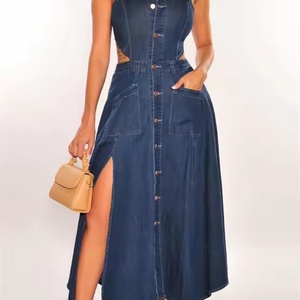 Nouvelle Arrivée Robe en Jean d'Été de Haute Qualité, Style Rétro Noble, Col Revers, Sans Manches, Taille Découverte, Fendue, Délavée à l'Acide, Modeste - Product Image 1