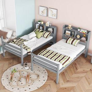 Grey Solid <b>Wood</b> Children's <b>Bunk</b> <b>Bed</b> With Bookshelf Storage Bedroom Furniture For Kids - Product Image 2