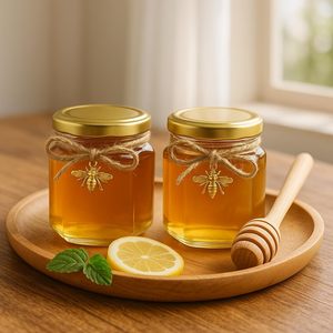 Set di 20 Vasetti per Miele da 45ml Design Esagonale Classico, Bomboniera Multifunzione con Sacchetto in Rete Dorata Trasparente e Coperchi in Metallo, Bastoncino per Miele - Product Image 5