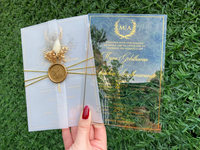 Undangan Pernikahan akrilik, jaket Vellum untuk undangan pernikahan, baju motif Foil emas, segel lilin emas dan bunga kering