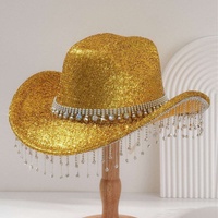 Chapeaux de Cowboy en Gros à Paillettes Dorées, Perles et Strass, Franges, pour Festivals de Musique Disco et Fêtes