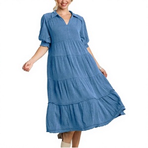 Vestido midi azul con volantes, mangas abullonadas y cuello polo, corte holgado, informal, de lino y algodón tejido para verano. - Product Image 2