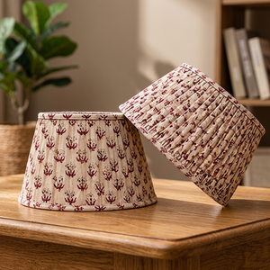 Purple Floral Print Linen Lampshade | Natural Beige Fabric Pleated Drum <b>Shade</b> | Decorative Table, <b>Floor</b> & Pendant <b>Lamp</b> <b>Shade</b> - Product Image 3