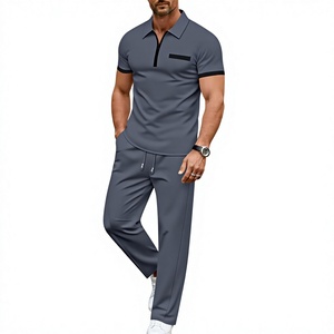 Men's Winter Solid Casual Fleece Knitted Cotton Quarter-<b>Zip</b> Short Sleeve Polo Shirt Set Pockets Matching Pants Breathable Quick - Product Image 1