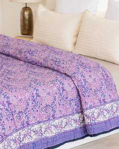 Hand Block Printed Purple Cotton <b>Quilt</b> Reversible Jaipuri Razai King Size Comforter Indian <b>Bedding</b> - Product Image 5