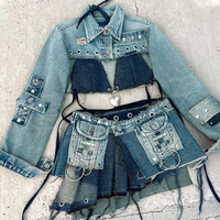 DIZNEW Ensemble 2 Pièces Sexy en Jean : Jupe Courte Taille Haute et Top en Denim Style Y2K pour Femme