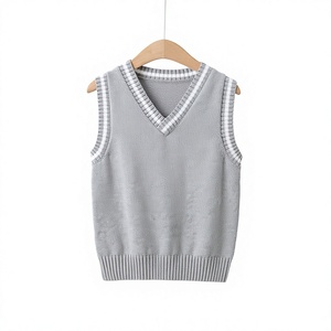 Gilet pull d'uniforme scolaire pour filles, col en V, sans manches, tricoté 100% coton, haut de printemps avec bordure écossaise, tenue de rentrée scolaire - Product Image 2