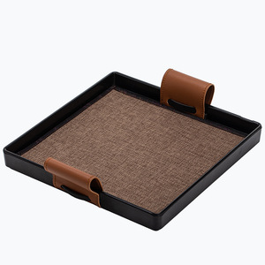 Bandeja de té cuadrada con asas de cuero, superficie tejida de bambú, almacenamiento multifuncional para uso en mesa de preparación de té seco - Product Image 5
