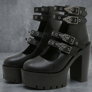 Bottes montantes noires gothiques style cowboy à talons carrés et plateforme épaisse pour femme avec boucle métallique, personnalisables avec logo, nouvelle collection automne, pour dropshipping - Product Image 3