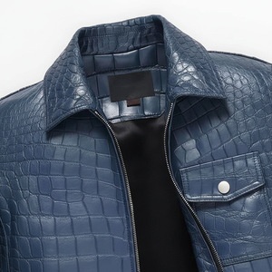 Veste en cuir de luxe haut de gamme, bleu foncé, col rond, fermeture éclair, motif animal, plusieurs poches, pour unisexe, mode hiver - Product Image 1