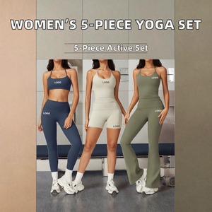 Women's Solid Square Neck Activewear 5-Piece Workout <b>Set</b> High Waist Flare Pants <b>Gym</b> Fitness Yoga Anti-Wrinkle Belt Front - Product Image 2