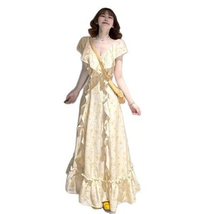 Robe longue à imprimé floral jaune, col en V, taille empire à volants, style estival, robe de soirée élégante et ajustée pour femmes - Product Image 5