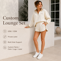 Ensemble 2 pièces personnalisé pour femme : Sweat-shirt à quart de zip avec bordure contrastante et short ample en molleton bouclette élastique au-dessus du genou pour tenue décontractée