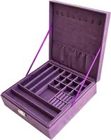 Mallette de rangement pour présentoir d'organisateur de boîte à bijoux violet à deux couches avec serrure