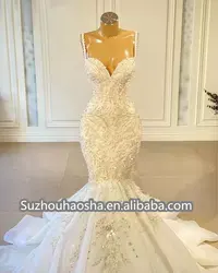 Dresses Luxury Mermaid African Modest Wedding Dresses 2022 Beaded Embroidery Sexy White Vintage Lace Organza Bridal Gown