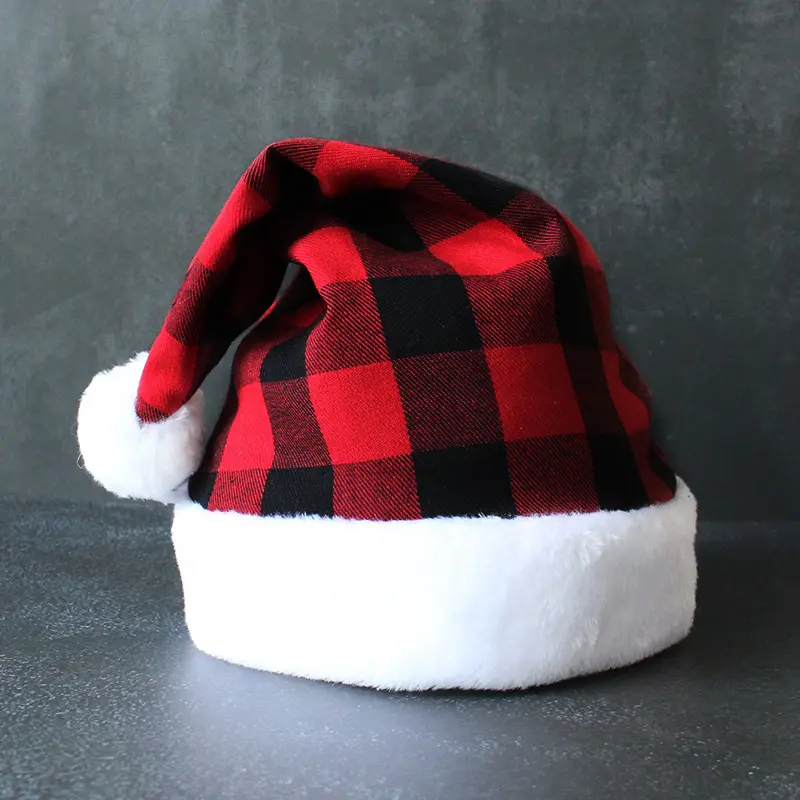 Fabric Polyester Buffalo Black Red Plaid Christmas Santa Hat For Adults Xmas Holiday Party Supplies