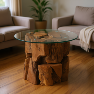 Mesa de Centro de Madera de Teca con Tapa de Vidrio de 23.6 Pulgadas, Muebles Rústicos Hechos a Mano para Sala de Estar - Product Image 2