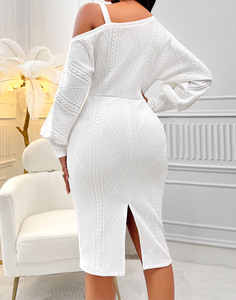 Invierno solo hombro linterna manga Color sólido <span class=keywords><strong>riñonera</strong></span> cadera vestido nueva ropa <span class=keywords><strong>de</strong></span> mujer - Product Image 2