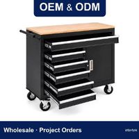 Armoire à outils roulante robuste avec dessus en bois, tiroirs multiples, coffre de rangement à serrure à clé, vente en gros, fabricant OEM pour garage