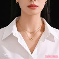 Collar de Doble Cadena con Colgante de Lazo y Flor en Acero Inoxidable Chapado en Oro, Joyería Chic Impermeable para Mujer, Venta al Por Mayor