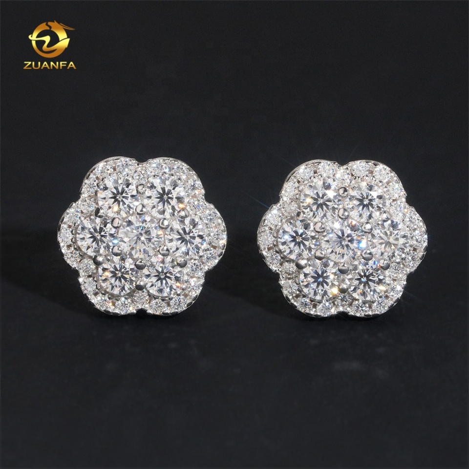 Hot Sale High Quality Cheap Price Hip Hop Style Iced Out 925 Silver Flower Cluster Men Moissanite Earrings