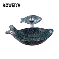 Lavabo de salle de bain en verre pour balcon, design personnalisé, forme de poisson bleu, prix des articles sanitaires, lavabos
