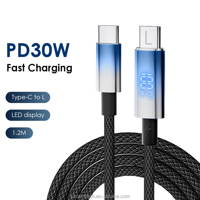 30W Type c to L Fast Charging Cable Mobile Phone Braided Wire Protection Usb Light Data Cable with Led Display Charging Cord