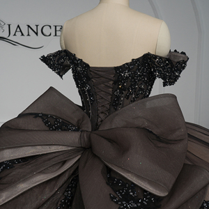 Robe de bal de Quinceañera de luxe en mousseline noire avec appliques de dentelle perlée, coupe naturelle, décolleté cœur, couleur champagne, sur commande - Product Image 2