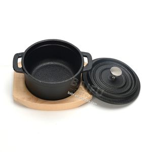 Mini <span class=keywords><strong>Cocotte</strong></span> <span class=keywords><strong>Redonda</strong></span> de Hierro Fundido Precurado con Bandeja de Madera, Mini Horno Holandés de Hierro Fundido, Mini Cacerola, Mini Olla para Servir - Product Image 4