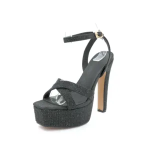 Sexy Shinny Rhinestone Platform Sandals For Ladies In Summer 2024 Open Toe Leather Strap With Buckle Strap Custom Women Shoes