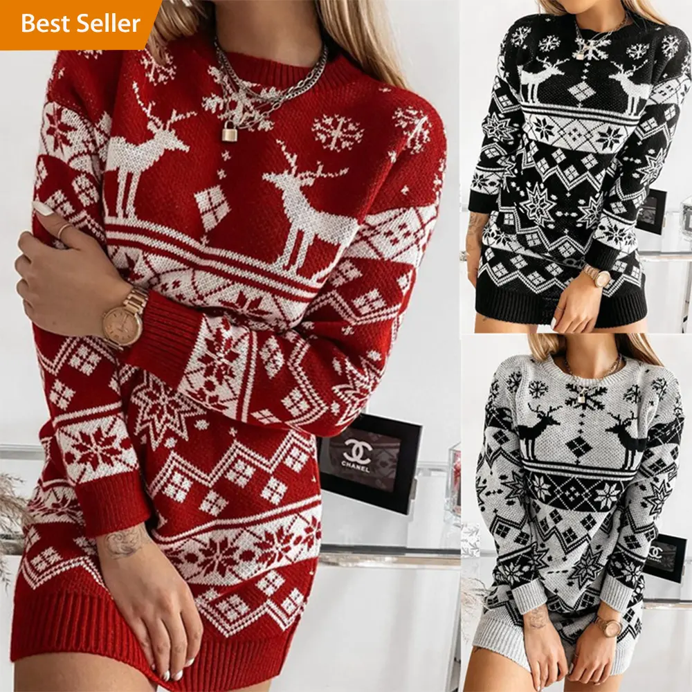 Custom Christmas Long Sleeve Crew Neck Geometric Jacquard Knit Dress Sweater Women Jumper