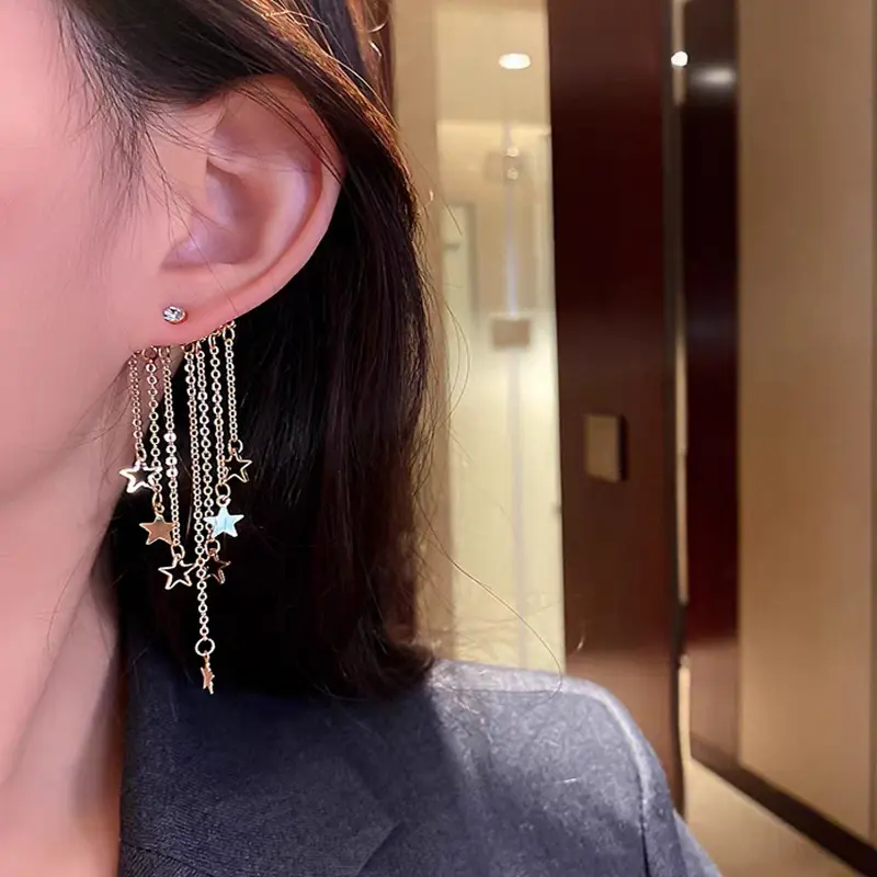 Thời Trang 925 Sterling Bạc Bài Tua Bông Tai Sang Trọng 18K Mạ Vàng Sao Tua Bông Tai Cho Phụ Nữ 2024